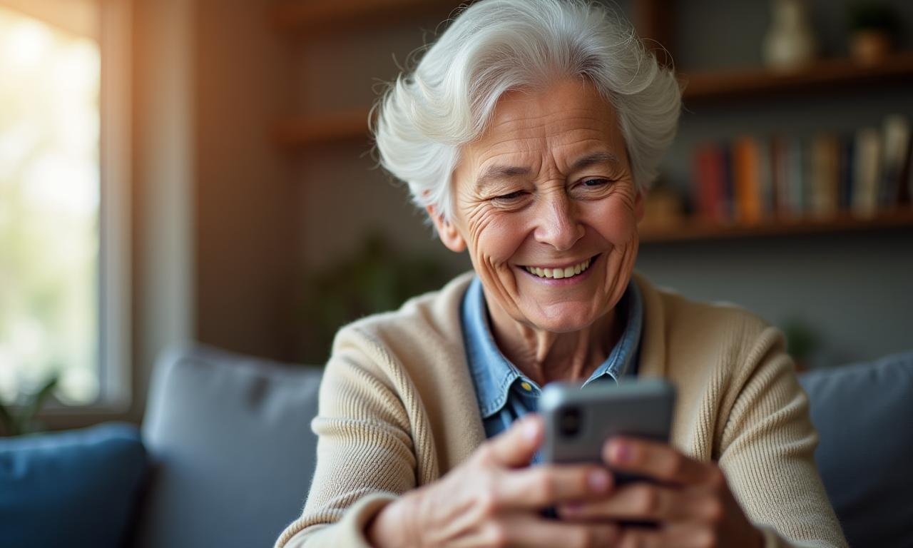 Lächelnder Senior, der zufrieden auf sein Mobiltelefon schaut.